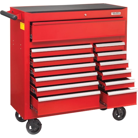 Global Industrial Roller Cabinet, 13 Drawer, Red, Steel, 18 in D x 38-5/8 in H 535653